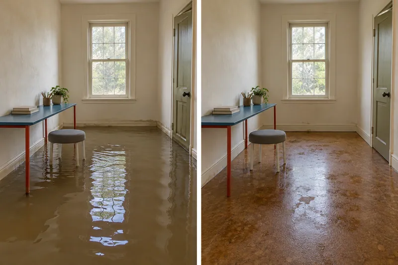 Water Extraction Near Stewart Creek Park — before water pickup and damp floor afterwards