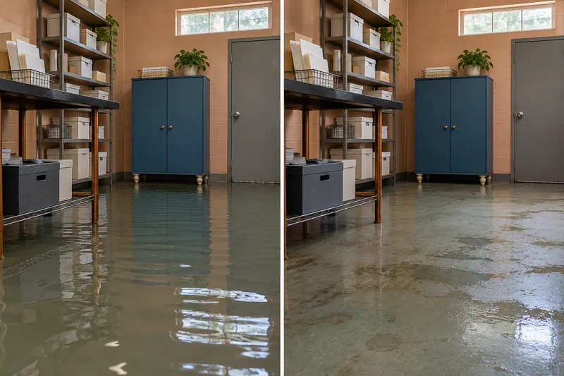Water Extraction Near Lions Club Park — before water pickup and damp floor afterwards