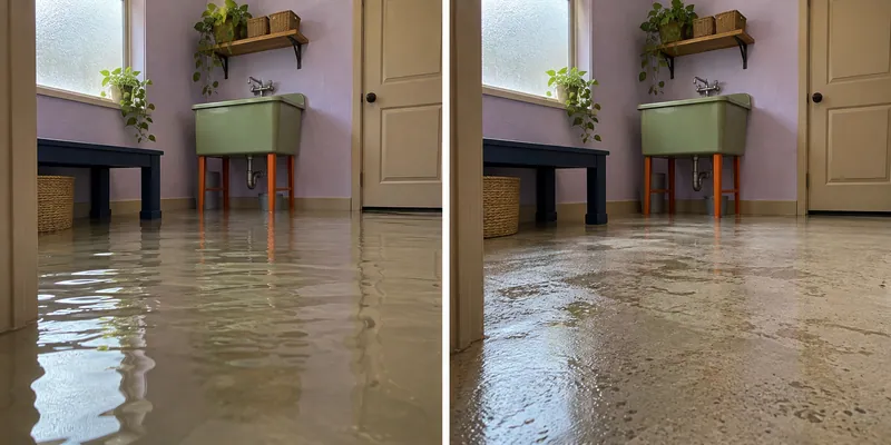 Water Extraction Near Kids' Colony Park — before water pickup and damp floor afterwards