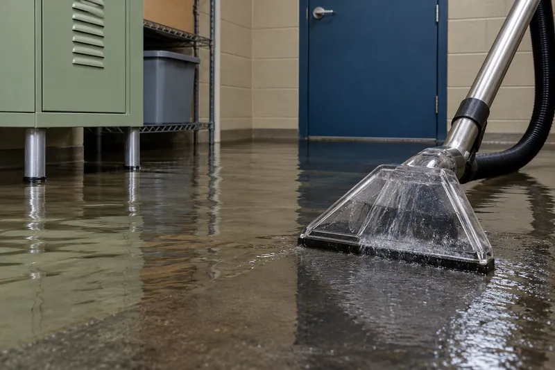 Water Extraction in The Colony — extraction wand and wet concrete floor